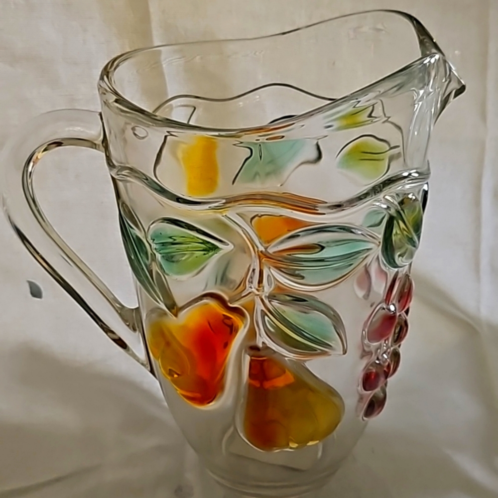 Mikasa Golden Harvest Clear Glass Pitcher Embossed Color 3D Fruit 1.75 QT